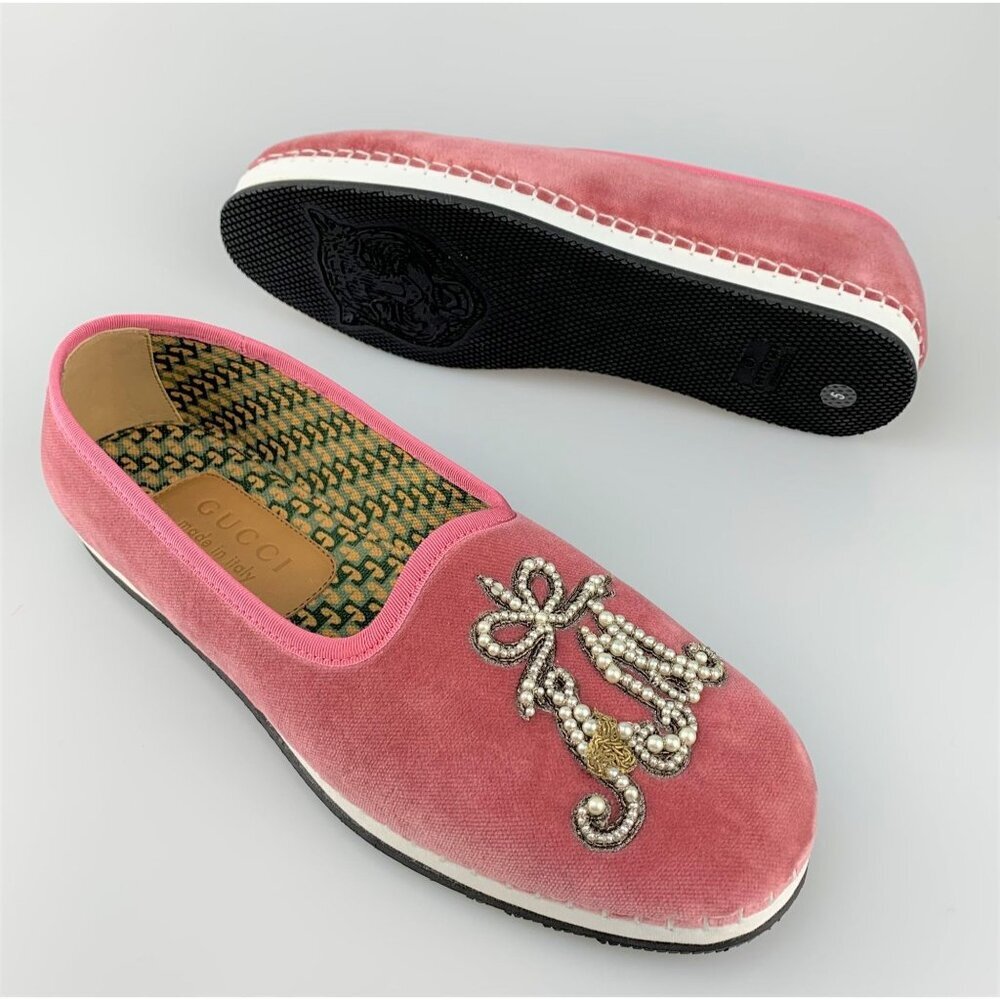 NIB Gucci Pink Velvet Pearl Monogram Slip on Loafers Size 4.5 - Picture 3 of 11
